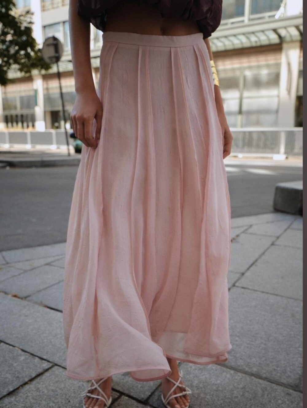 NWT ZARA Semi Sheer Topstitched Midi Skirt Powder Pink Medium